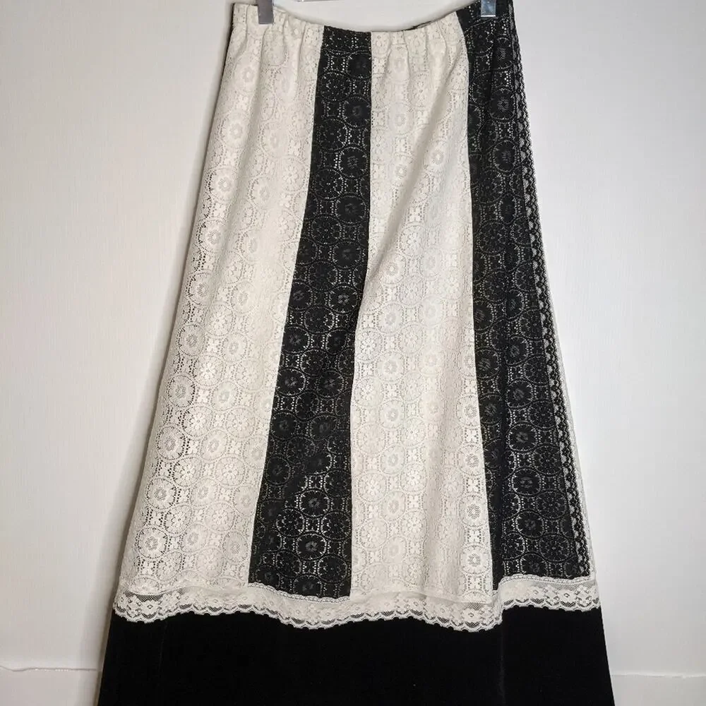 Tumbleweeds 70's VTG Maxi Skirt White Black Lace Black Velvet Hem Boho Western